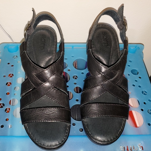 Black leather weave heeled sandals Women's 9 - Picture 4 of 4